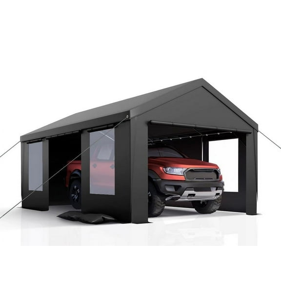 10'x 20' Heavy Duty Carport with Roll-up Ventilated Windows, Portable Garage with Removable Sidewalls & Doors for Car, Truck, Boat, Car Canopy with All-Season Tarp, Grey