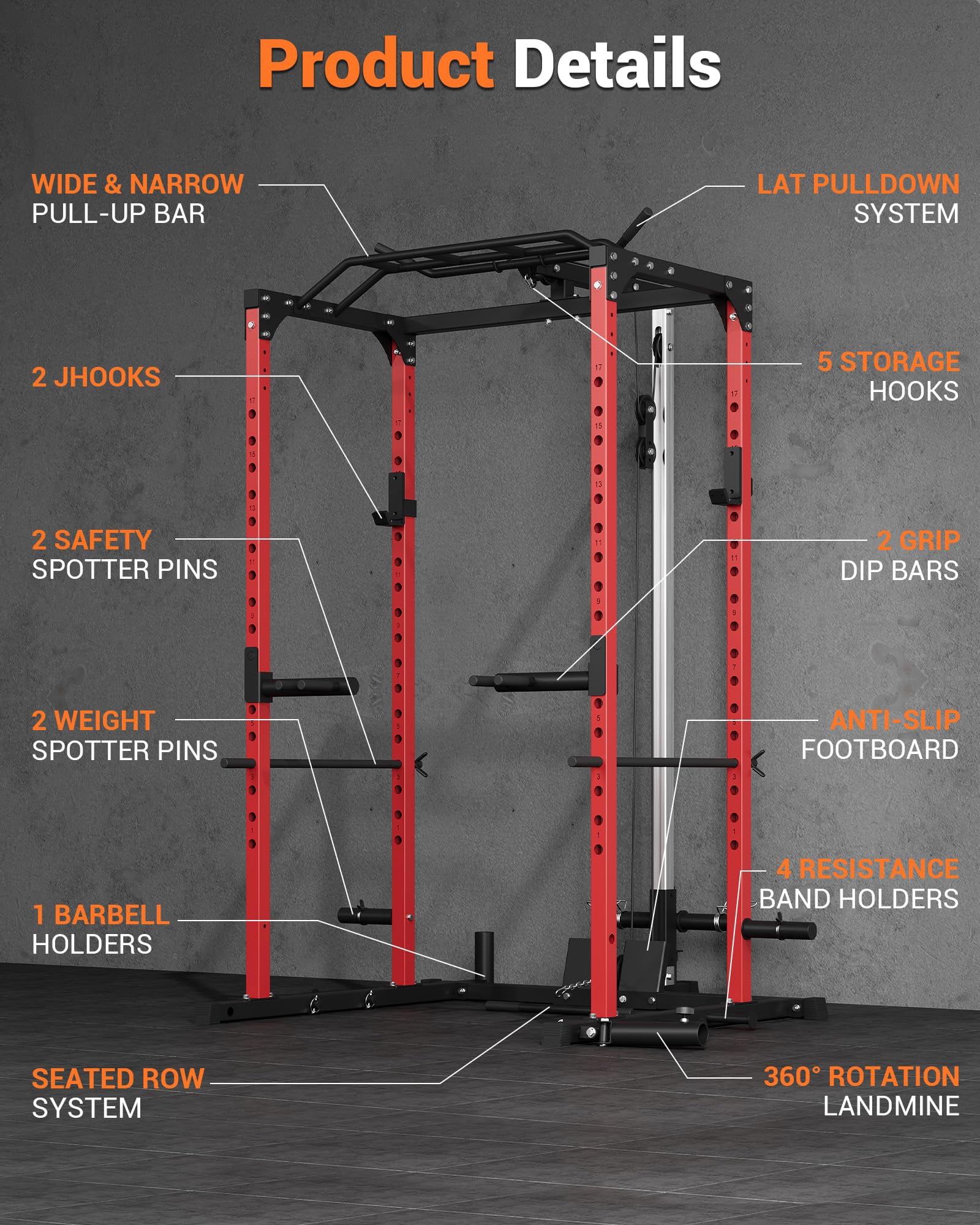 TROPOW Power Cage, 1200lbs Weight Capacity, Multi-Function Squat Rack with Optional Pulley System and Dip Handles, Weight Cage with Training Attachments for Home Gym