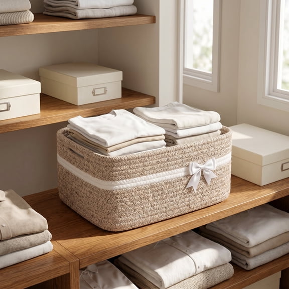 Tianfeng Large Woven Storage Basket with Handles, Bow Decor Bin for Shelves and Organizing, Multipurpose Storage Bin for Home Decor, Pet Toy Storage, Holiday Gift Basket 13*10*5.5 Inch