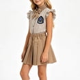 thumbnail image 4 of Odeerbi Niñas 5 Piezas Preppy Traje Ruffle Rayas Camisa + Falda Plisada + Corbata + Insignia de Pecho + Calcetines Conjunto Uniforme Escolar, 4 of 9