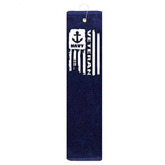 Navy Distressed Flag Veteran USN Tri-fold Golf Towel with Grommet & Hook Club Ball Tee Golfing Gift Birthday Variety Colors Towels Vinyl