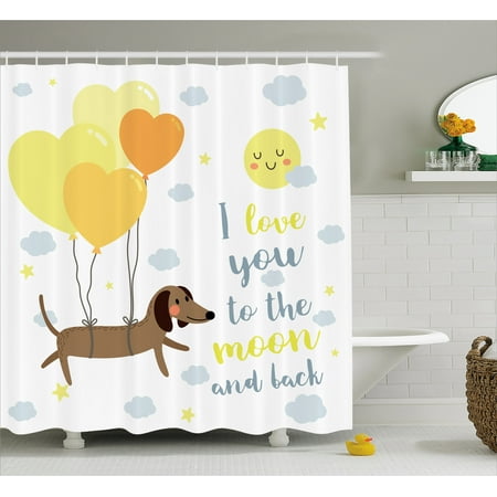 I Love You Shower Curtain, Cute Dog with Balloons and Hearts Sun Clouds Puppy Baby Best Friends, Fabric Bathroom Set with Hooks, 69W X 70L Inches, Yellow Cocoa Blue Grey, by