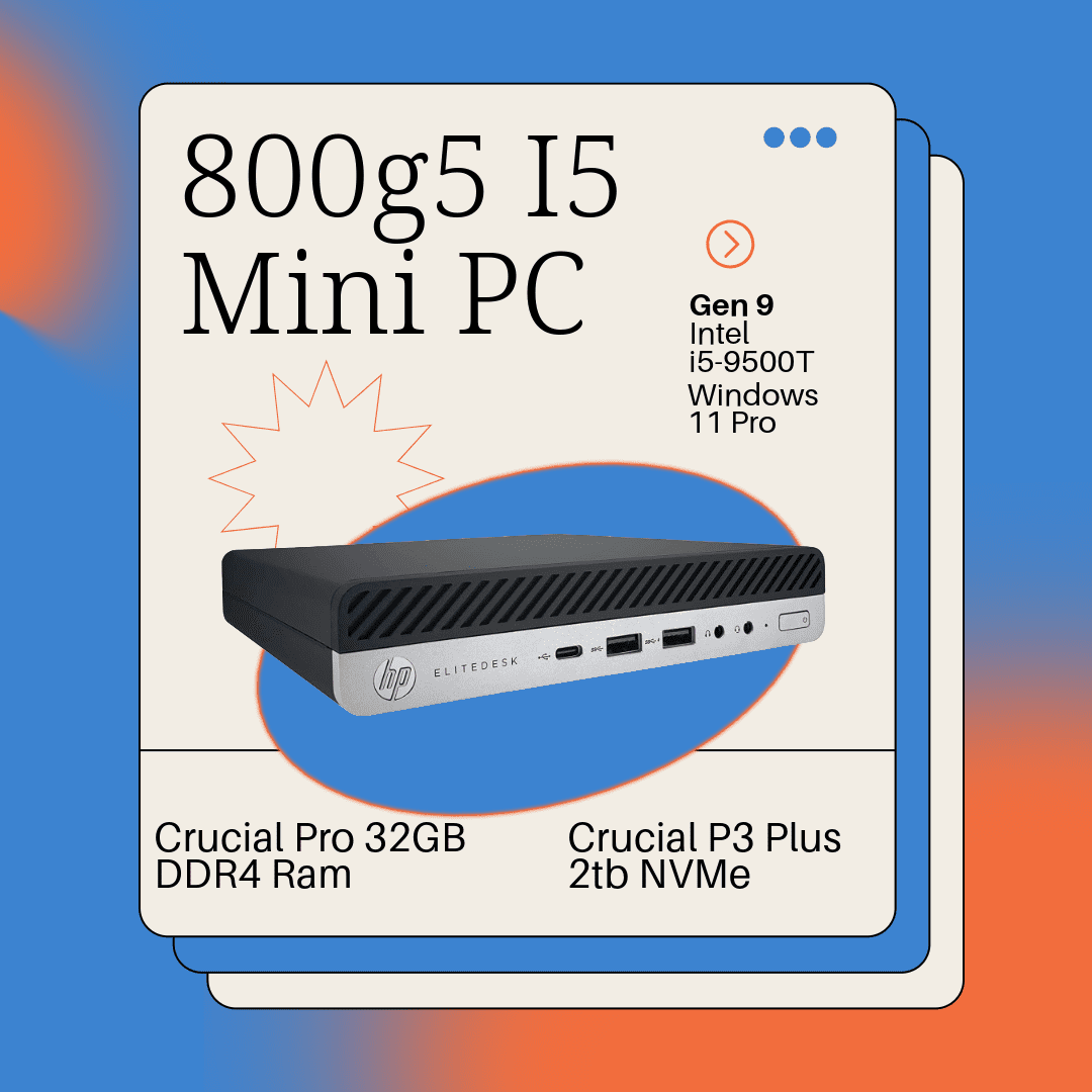 Restored HP EliteDesk 800 G5 Mini Pc Intel 9th Gen i5-9500T, Crucial 32GB DDR4 RAM, 2TB NVMe M.2, Windows 11 Pro, Internal WiFi 6 AX210, Cherry Keyboard & Mouse (Refurbished)