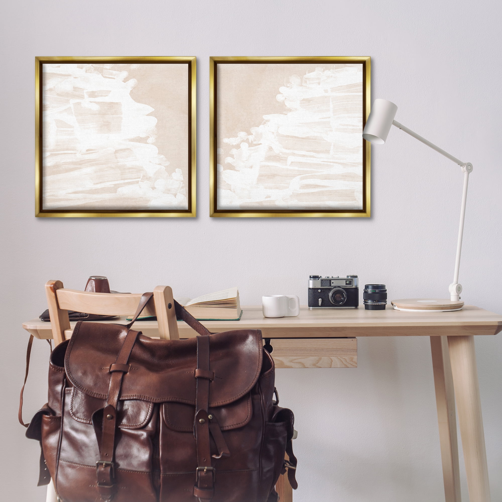 Stupell Industries Abstract Cream Layered Strokes Abstract Painting Gold Floater Framed Canvas Art Print Wall Art, 25 x 25, Set of 2