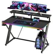 RSPGAME 43 Music Sync LED Gaming Desk,X-Shape Ergonomic Monitor Stand Gamer Table,PC Desk with Dynamic Lighting,Color Changing Office Desks,Black Racing