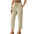 thumbnail image 3 of Dazajoo Women's Linen Capri Trousers Basic Solid Color Slim Fit Straight Leg Pants 2026 Summer Casual Cropped Pants,Khaki,XL, 3 of 8