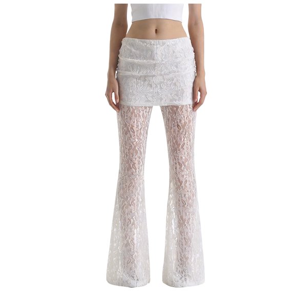 Fsqjgq Lace Flared Pants for Women High Waisted Flowy Trousers Drawstring Elastic Waist Trouser Sexy Mesh Leggings