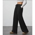 thumbnail image 4 of Women'S Wide Leg Ribbed Knit Pants Drawstring Waist Low Rise Casual Long Trousers Black S, 4 of 9