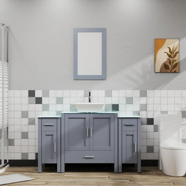 Goodyo 54" Gray Bathroom Vanity and Sink Combo Wood Bathroom Cabinet w/Glass Top, Mirror, Faucet and Drain