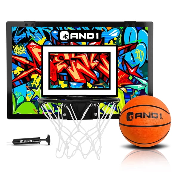 AND1 Over the Door Mini Basketball Hoop Set, 18"x12" Shatterproof Backboard, 1 Mini Basketball & Hand Pump, No Tools Indoor Use