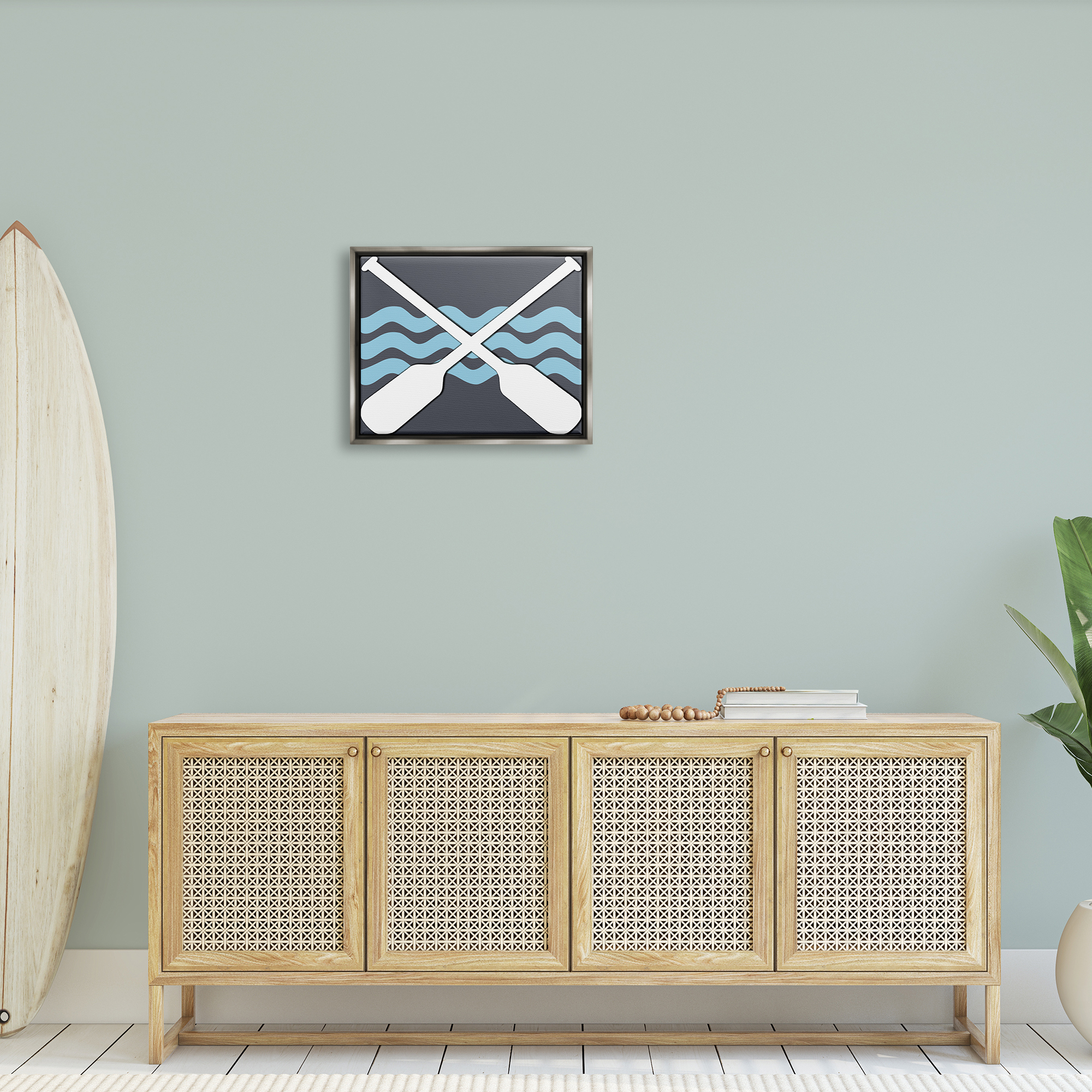 Stupell Crossed Boat Oars Sea Waves Landscape Painting Gray Floater Framed Art Print Wall Art