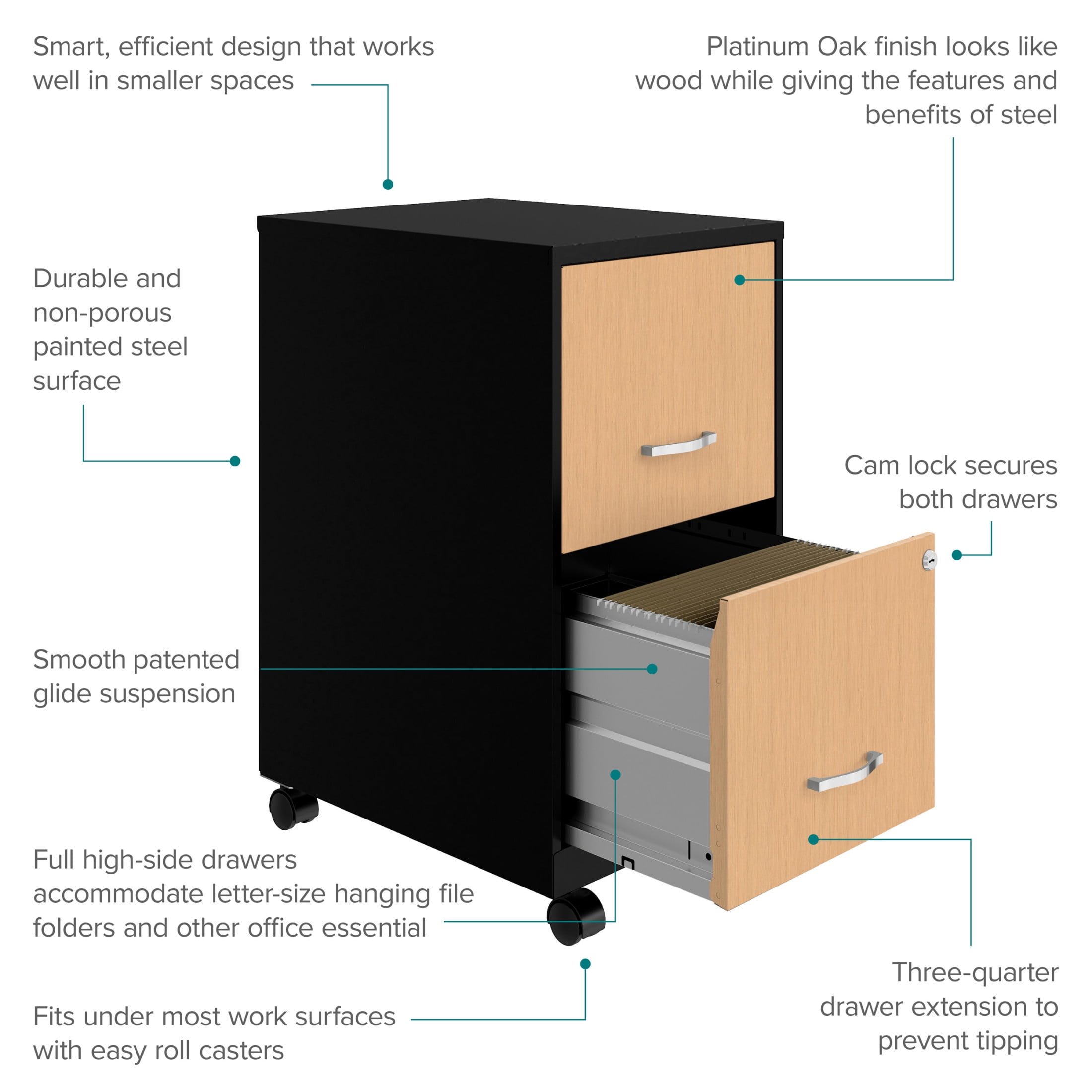 Space Solutions 18" Deep 2 Drawer Mobile File Cabinet with Wood Pattern Drawer Fronts, Black/Platinum Oak