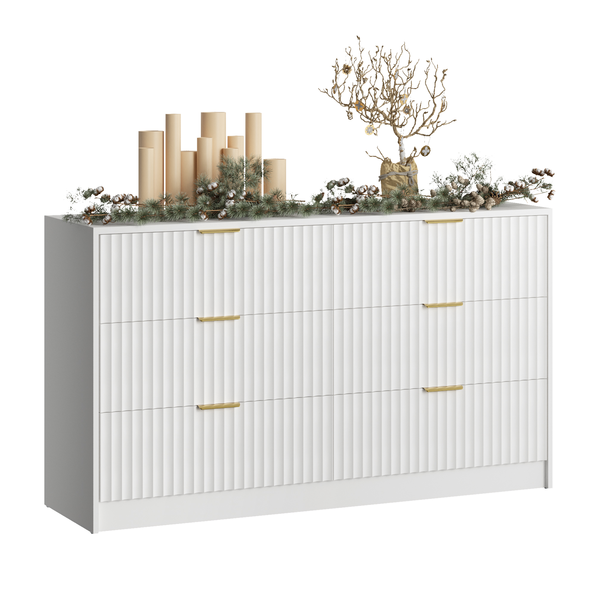 YouTrend 6 Drawer Dresser for Bedroom,55.1"Width Fluted Wood Chest of Drawer with Golden Embedded Handles for Living Room,White
