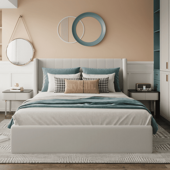 Jenny Storage Bed Frame Queen Size with Upholstered Headboard, Hydraulic Lift-up Storage System with Wood Slat Support and No Box Spring Needed
