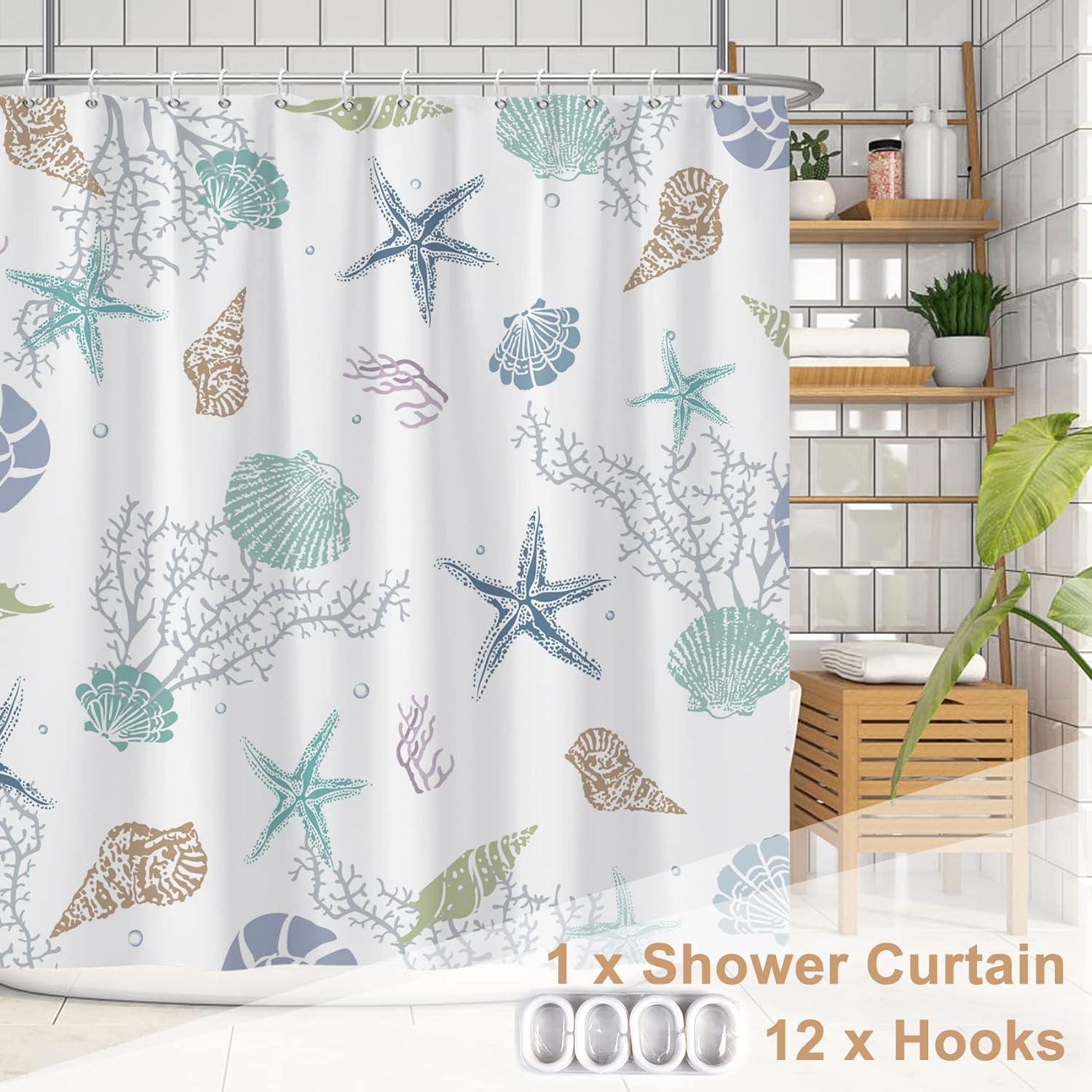 Nautical Coastal Shower Curtain, Coral Conch Starfish Seashell Bathroom Curtain, Ocean Theme Underwater Marine Shower Curtain Set with 12 Hooks for Bathroom 72" Wx72 L