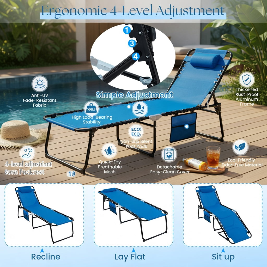 Hommoo Foldable Reclining Lounge Chair with Adjustable Backrest & Footrest, Portable Beach & Camping Chair, Navy