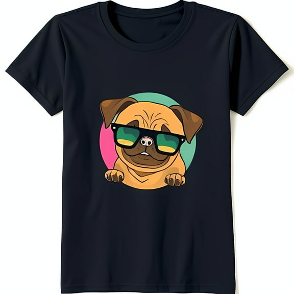Cool Pug in Sunglasses Graphic Tee Blue T-Shirt with Colorful Circular Design