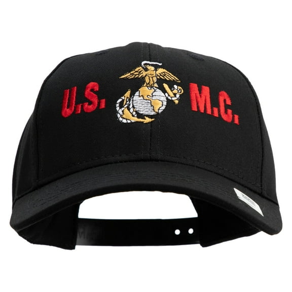 USMC Design Embroidered 6 Panel Structured Cotton Twill Cap Made in USA - Black OSFM