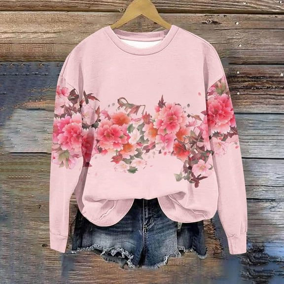 Spring Tops for Women Clothes under $5.00 Fashion Women's Casual Long Sleeve Round Neck Ladies Sweatshirt Tops Blouse(Pink,M)