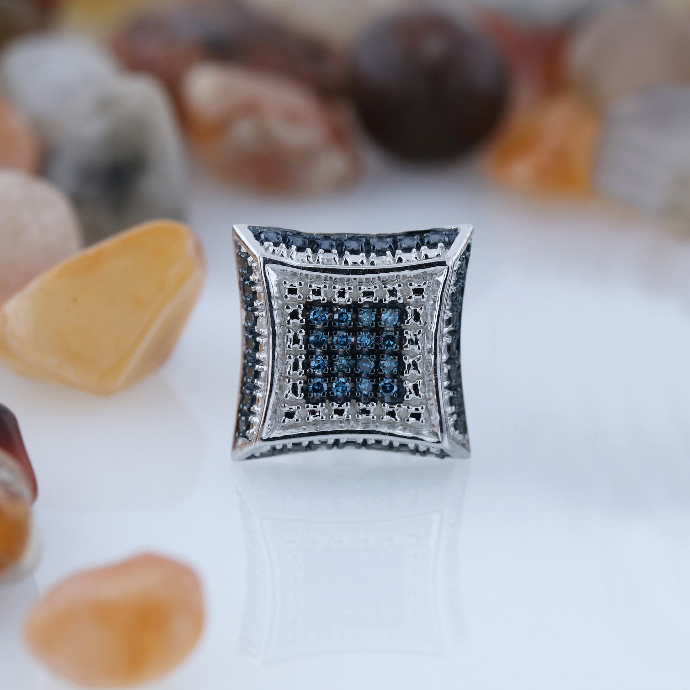 Dazzlingrock Collection 0.07 Carat Round Blue & White Diamond 9.5mm Kite Shape Micro Pave (1Pc Only) Hip Hop Iced Out Stud in 925 Sterling Silver, Screw Back, Unisex Design Mens Real Diamond Earring