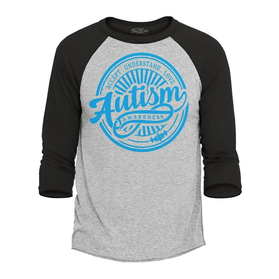 Shop4Ever Men's Autism Awareness Accept Understand Love Blue Circle Raglan Baseball Shirt Medium Heather Grey/Black