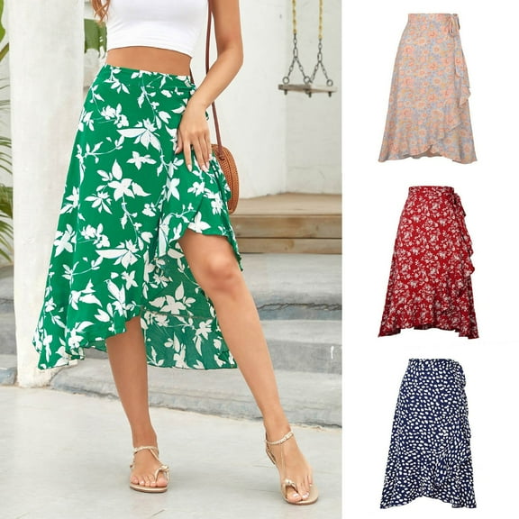 Women's A-Line Elastic High Waist Flare Work Midi Knee Length Stretchy Skirt Women's Fashion Flowers Print Skirt One-piece Frenulum Irregular Skirt