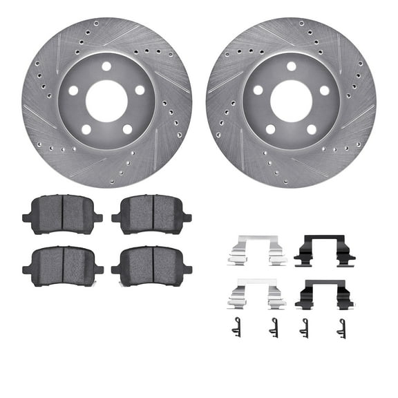 Dynamic Friction Company Front Brake Rotors-Drilled and Slotted-Silver with 5000 Euro Ceramic Brake Pads includes Hardware 7612-47003