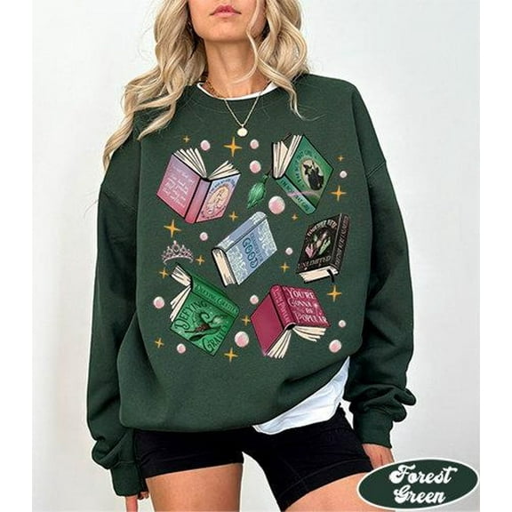 Wicked Books Printed Sweatshirt | Vintage Forest Green Book Graphic Pullover