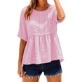 thumbnail image 3 of ClodeEU Women's Plaid Round Neck Short Sleeve Babydoll Blouse,Casual Summer Peplum Top Pink,Women's Plus S, 3 of 9