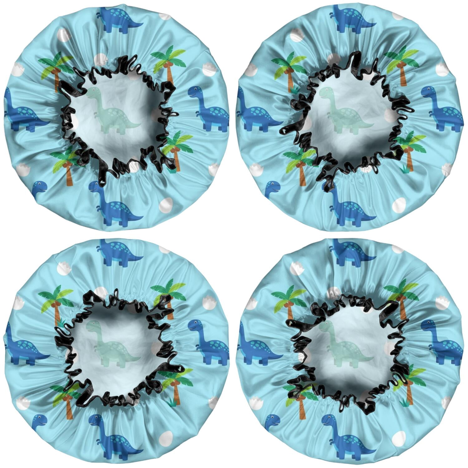 Shower Caps,Light Blue Dinosaurs Palms Eggs Pattern Waterproof Shower Cap for Women 4 Pieces,Double Reusable Hair Cover for Shower PEVA Elastic Stretch Hem