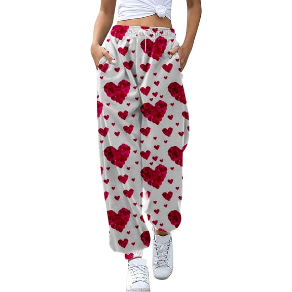 Womens Baggy Sweatpants Valentine's Day Heart Print Open Bottom Joggers Pants With Drawstring Casual Sport Pants With Pocket Red L