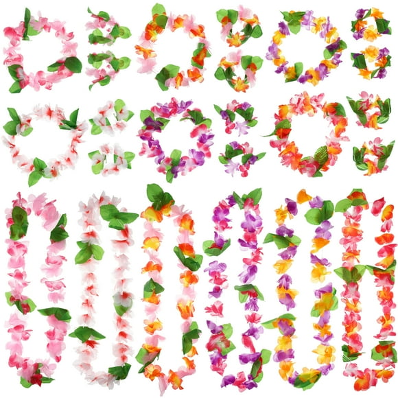 6 juegos de guirnaldas hawaianas, collares de flores, coronas tropicales, leis hawaianos, diademas, pulseras y artículos para fiestas luau.