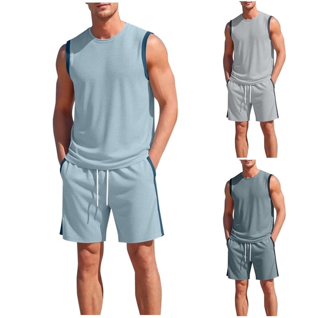 Sentmoon Mens Two Piece Summer Outfit Men T Shirts and Mens Short Athletic Set Sleeveless Color Block Tank and Pocket Shorts Drawstring Elastic Waist Breathable Casual Gym Running Travel Wear