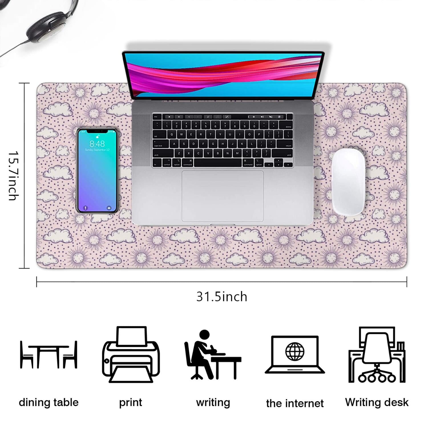 Long Mouse Pads for Desk,Pink Purple Sun Cloud Pattern Desk Mats on Top Of Desks, Desk Mouse Pad Extra Large with 3mm Non-Slip Base and Stitched Edge for Gaming,Office,Work,Home 31.5"x15.7"