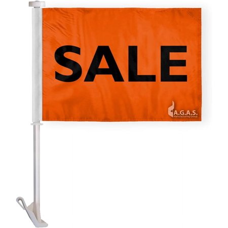 AGAS 10.5" x 15.5" Inch SALE Auto Dealership Premium Car Flag, Orange & Black, Printed on Wrap Knitted Polyester, Mounted on 19" Tall White Plastic Stiff Pole with a Window Plastic Clip On.