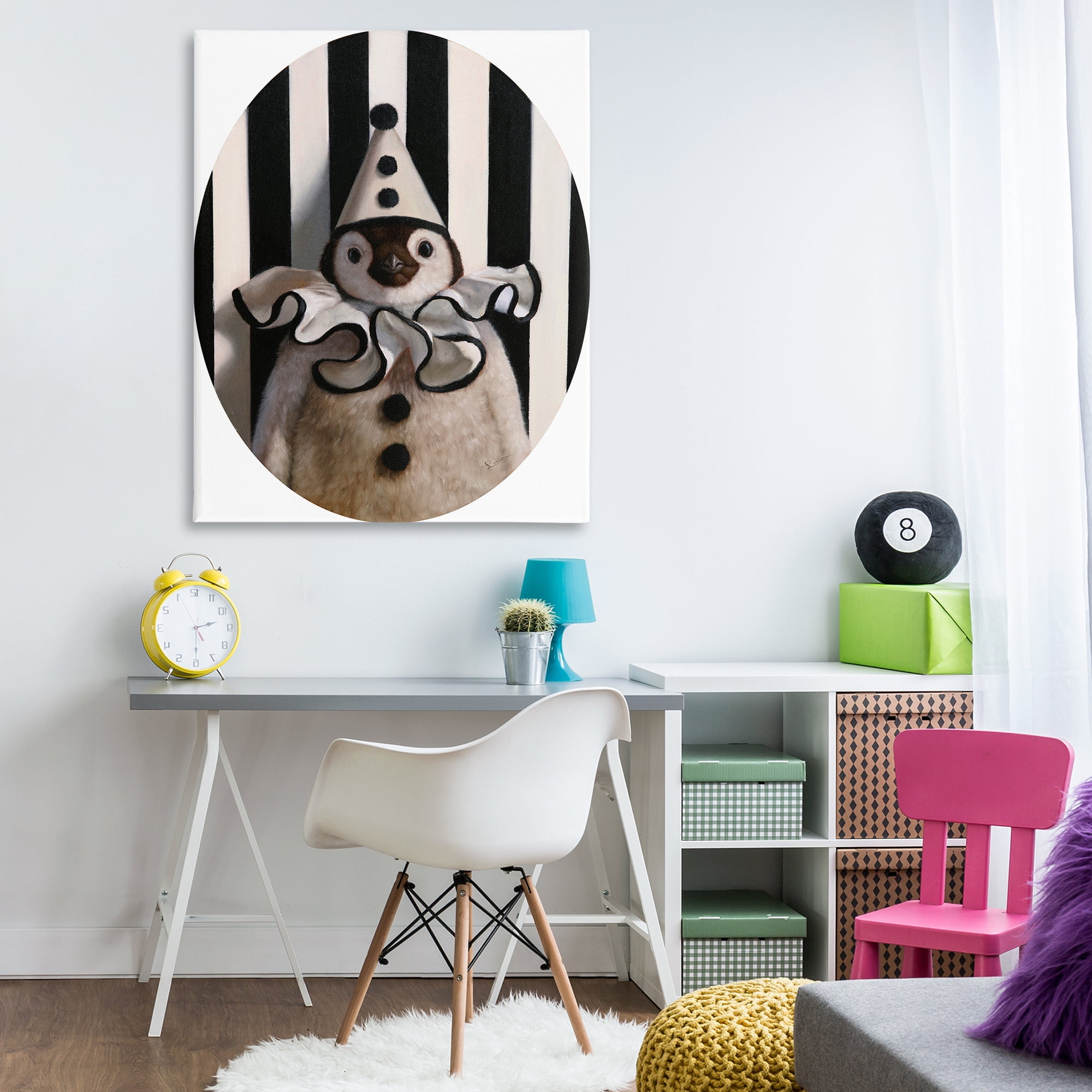 Stupell Industries Clown Themed Penguin Animals Painting Wrapped Canvas Art Print Wall Art, 36 x 48