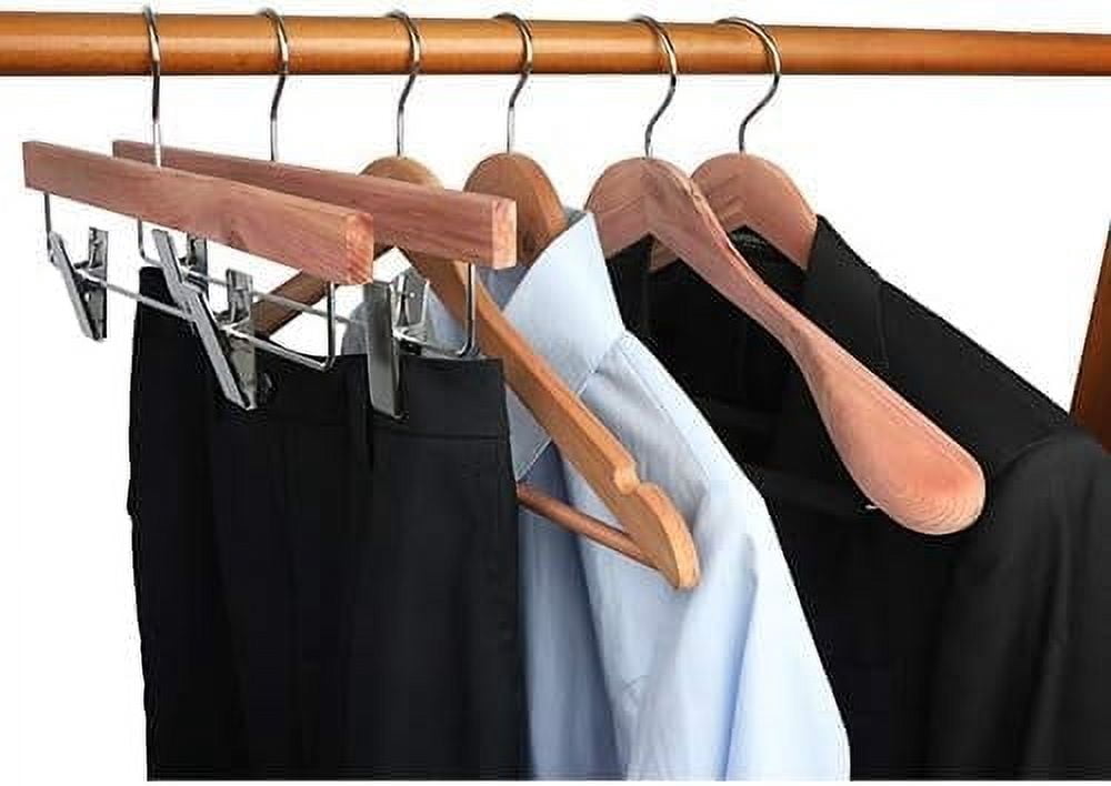Wide Shoulder Cedar Wooden Hangers 8 Pack, Luxury Wood Suit Coat Hangers with Black Padded Pant Bar and 360 °   Swivel Chrome Hook, Natural Finish
