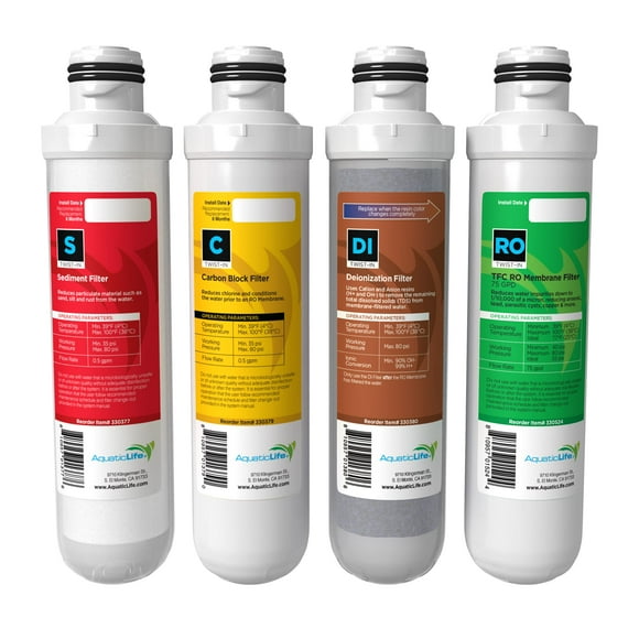 AquaticLife Twist-In Reverse Osmosis Replacement Water Filter Cartridge Pack - Includes 75 GPD Membrane, Sediment, Carbon Block and Deionization for 4-Stage RODI System