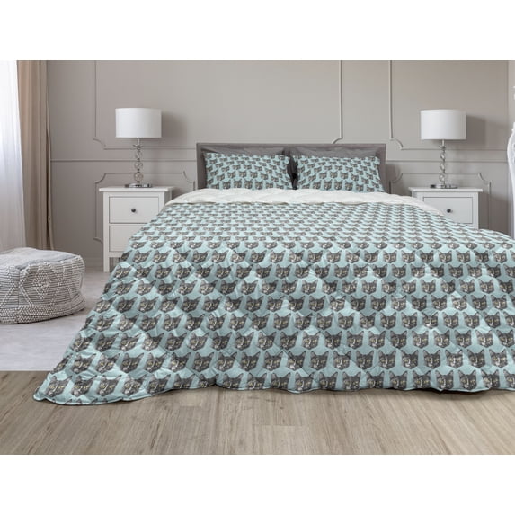 Cat Comforter & Sham Bedding Set, Pet Kitten Portraits Graphic Kitty Faces Animal Cartoon Funny Whiskers Meow, 3 pcs Duvet Set Microfiber Filling Quilt, 5 Sizes, Pale Blue and Grey, by Ambesonne