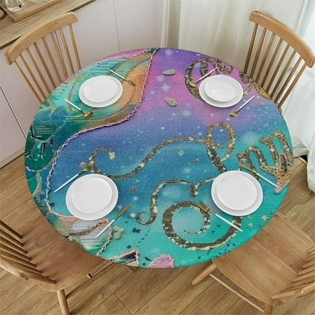 

Patifu Mermaid Starfish Round Tablecloth Stain Resistant Washable 100% Polyester Fiber Full Width Single-Sided Printing for Indoor Outdoor Kitchen Dining Wedding Parties 54-58