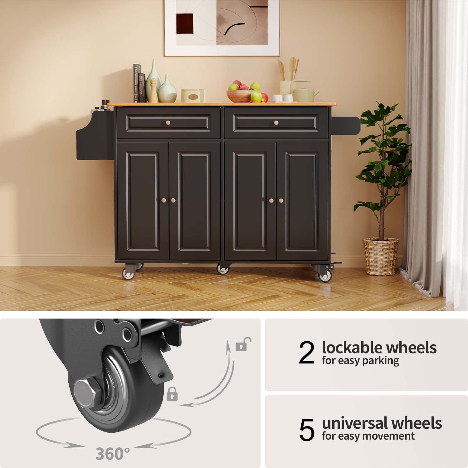 Kitchen Island with Storage, Lofka Kitchen Island Cart with Drop Leaf, for Dining Room|Living Room, Black