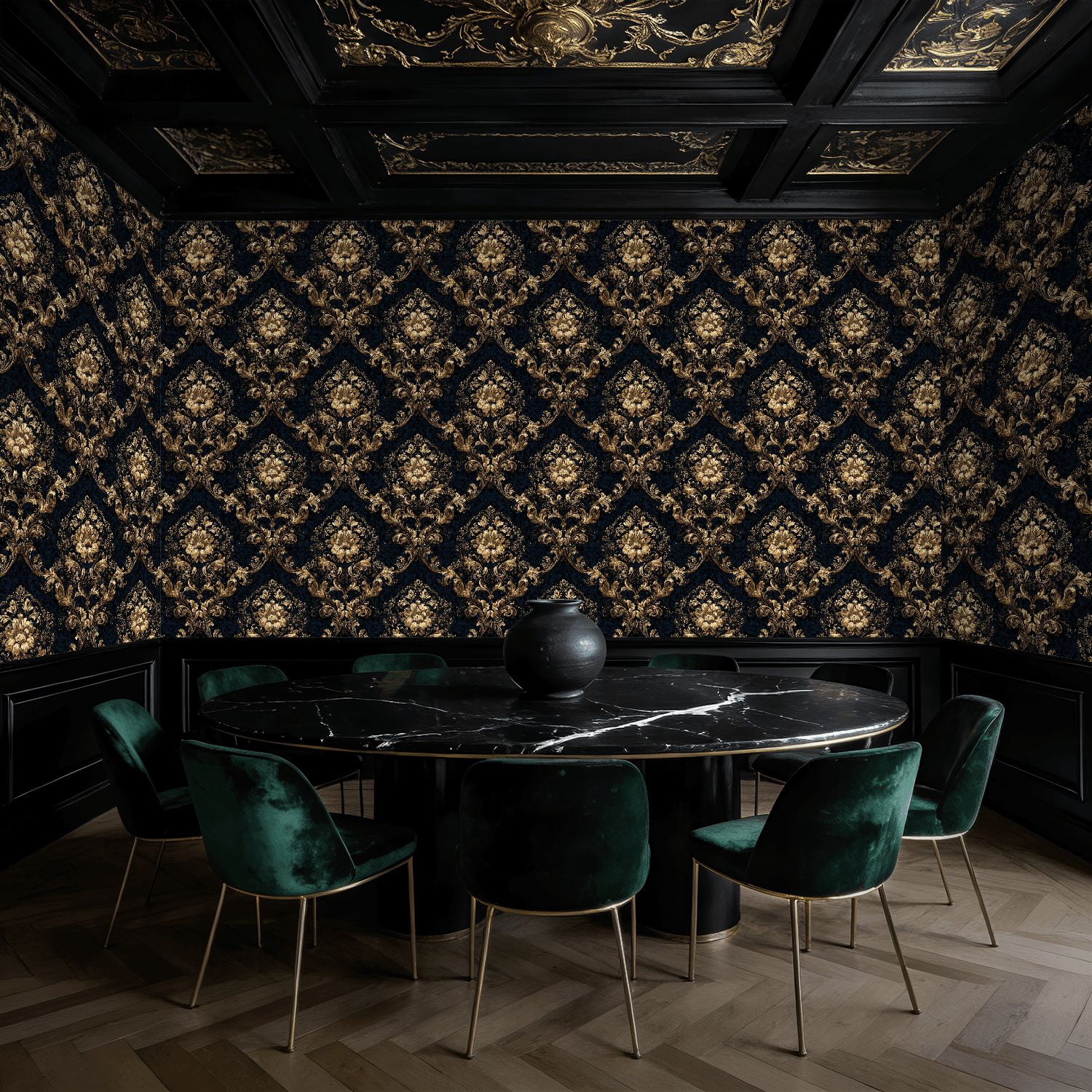 Baroque Peel and Stick Wallpaper Luxurious Navy Damask Rich Baroque Gold Wall Mural 17.7in x 9.8ft Self Adhesive Removable Wall Paper Renter Friendly Wallpaper for Bedroom Livingroom Men