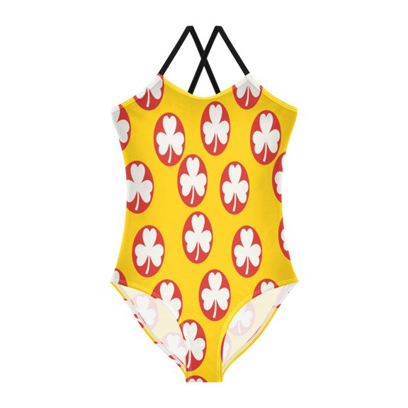 BZSMCE One-Piece Swimsuit with Crisscross StrapsClover in red circle Pattern
