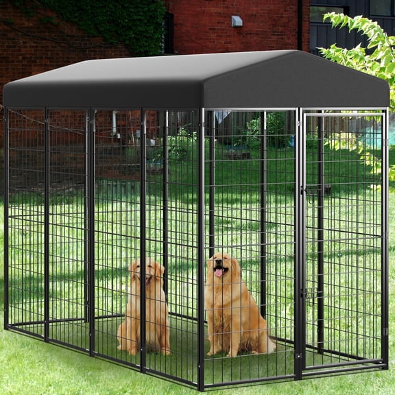 Anyask 8FT(D) x 4FT(W) x 6FT(H) Large Dog Kennel Outside with UV-Resistant Waterproof Roof, Outdoor Heavy Duty Welded Metal Dog Crate Playpen Fence Cage with Roof Top for Cat Duck Chicken