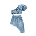thumbnail image 3 of Miaouyo Kids Toddler Girls Summer Clothes Set 12 18 24 Months 2T 3T 4T 5T Solid Color Short Sleeve Off-shoulder Cropped Tops + Irregular Hem Skirt Outfit, 3 of 9