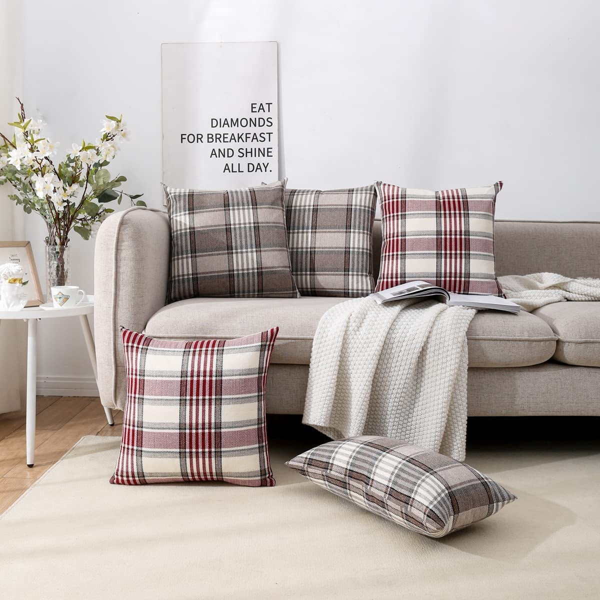 Brown Tartan Plaid Lumbar Pillow Cover 12x20 Set of 2 Farmhouse Buffalo Plaid Brown Striped Lumbar Throw Pillow Cover for Living Room Couch Sofa