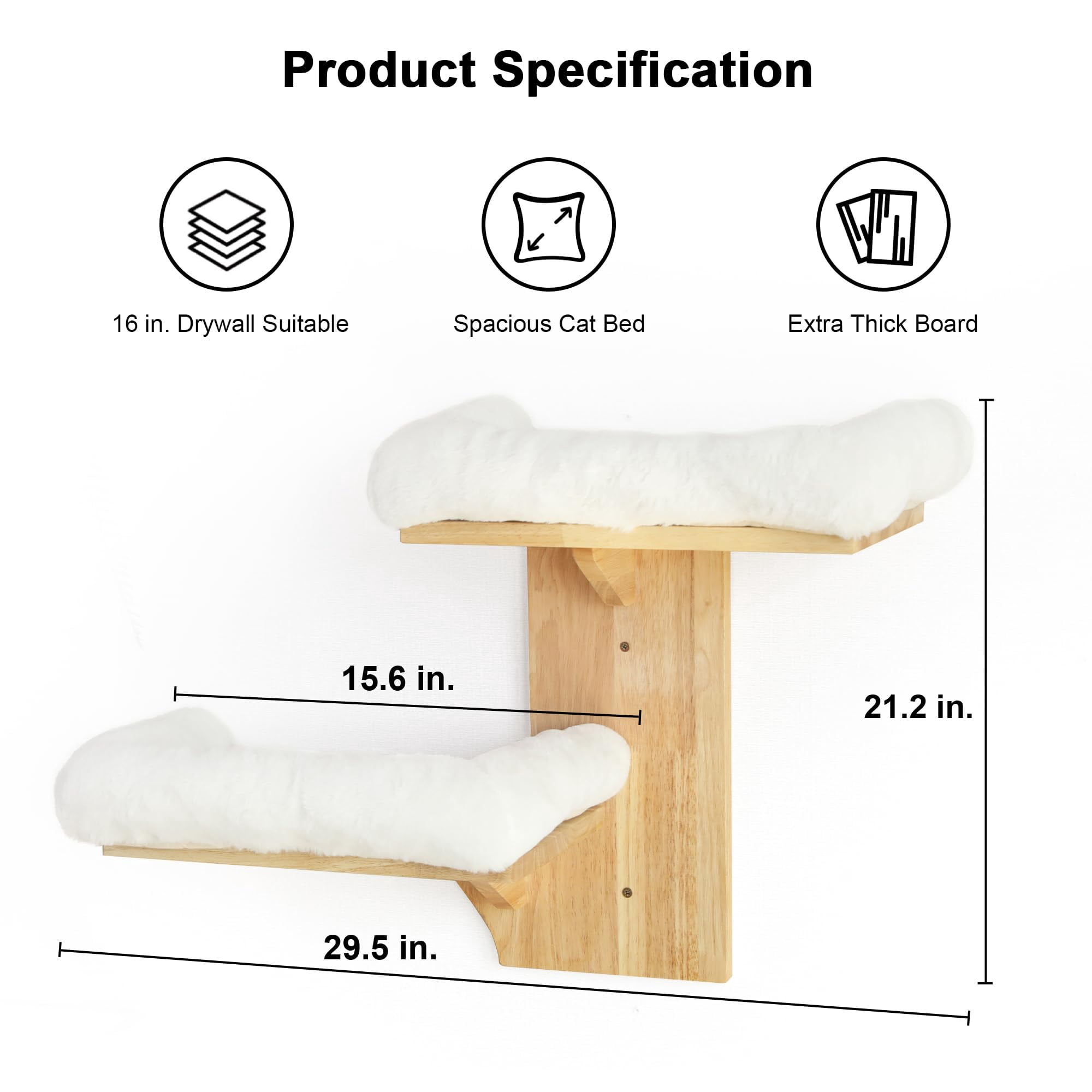 Cat Perch Solid Rubber Wood Wall Shelves With White Cushion, 2 Platform Tree Shape Cat Furniture