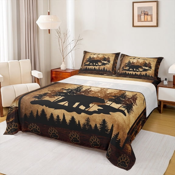 Manfei Farmhouse Bear Bed Sheets Set Twin Size, Rustic Wildlife Bed Sheets Twin, Jungle Animals Bedding Twin Size, Super Cozy Room Decoration, 3pcs