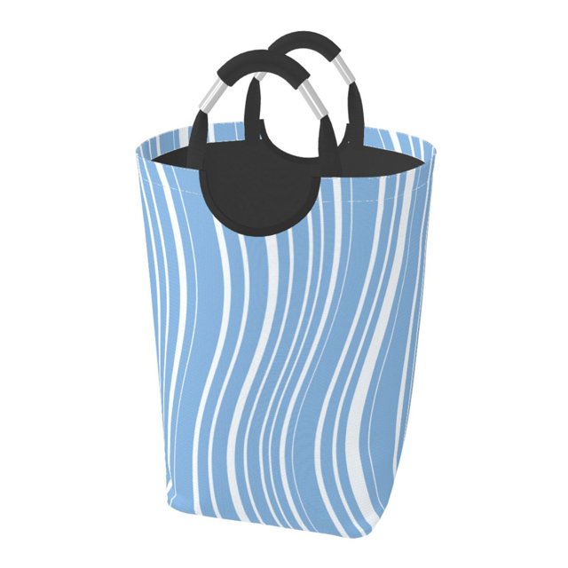 DouZhe 50L Rectangular Laundry Basket, Simplicity Blue Linear Prints Waterproof Foldable Laundry Hamper with Aluminum Handles