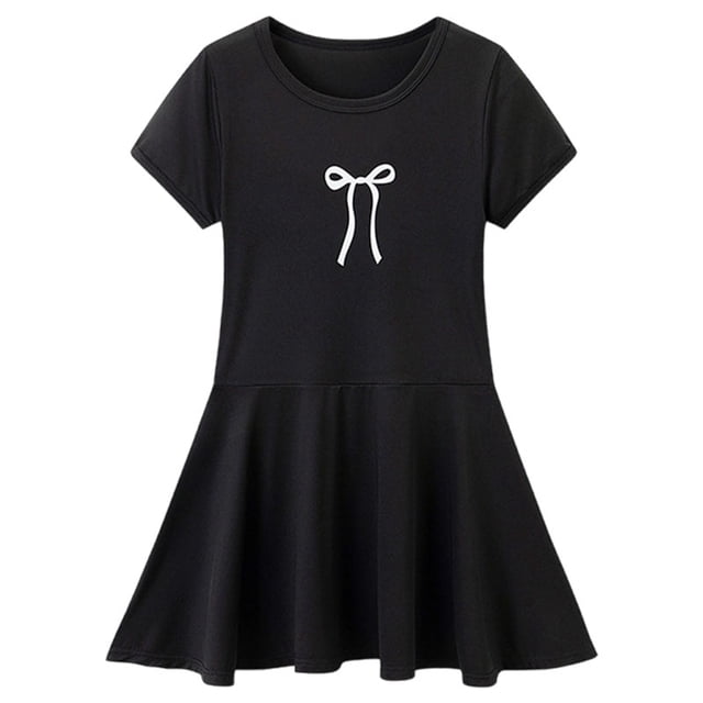 vigerkar Robes pour Petites Filles Coton Été Vacances Mignonne Robe Chat Manches Courtes (Noir, 2-3 Ans)